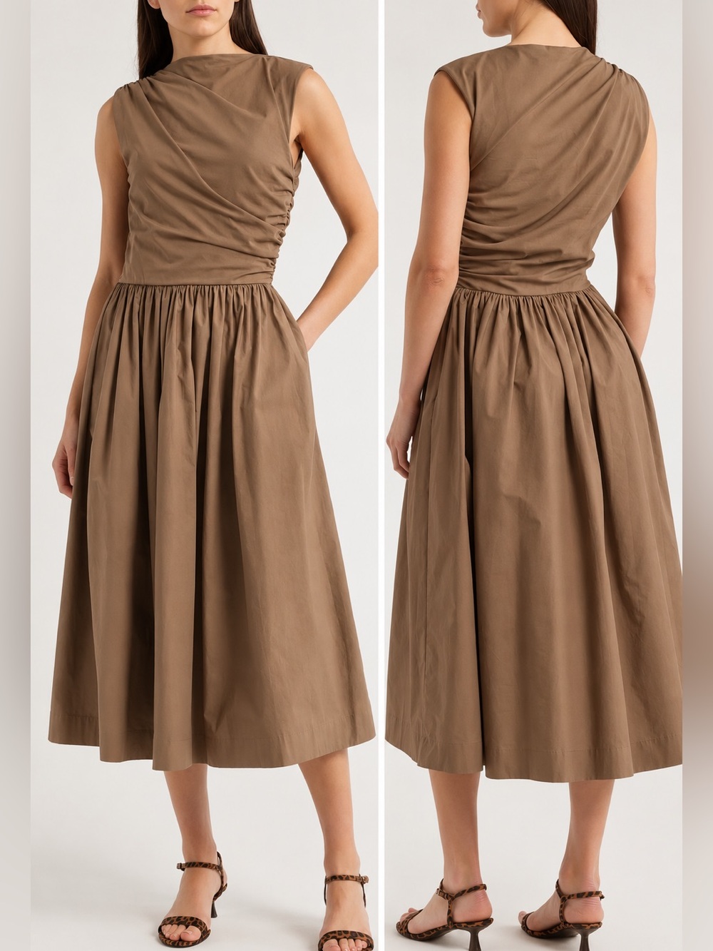 En Saison Mixed Media Ruched Midi Dress Brown Taupe Size Medium